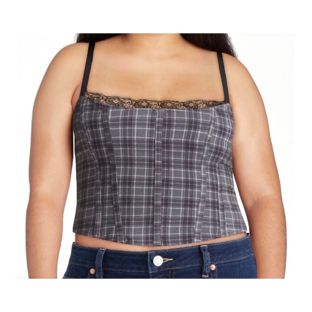 Womens XXL Black Plaid Corset Crop Top Lace Trim Goth Grunge Preppy NEW